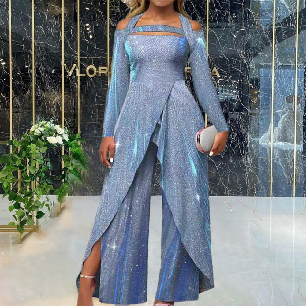 ZARA Sequined Long Jumpsuit Mid Rise Cross Front Elegant Workwear